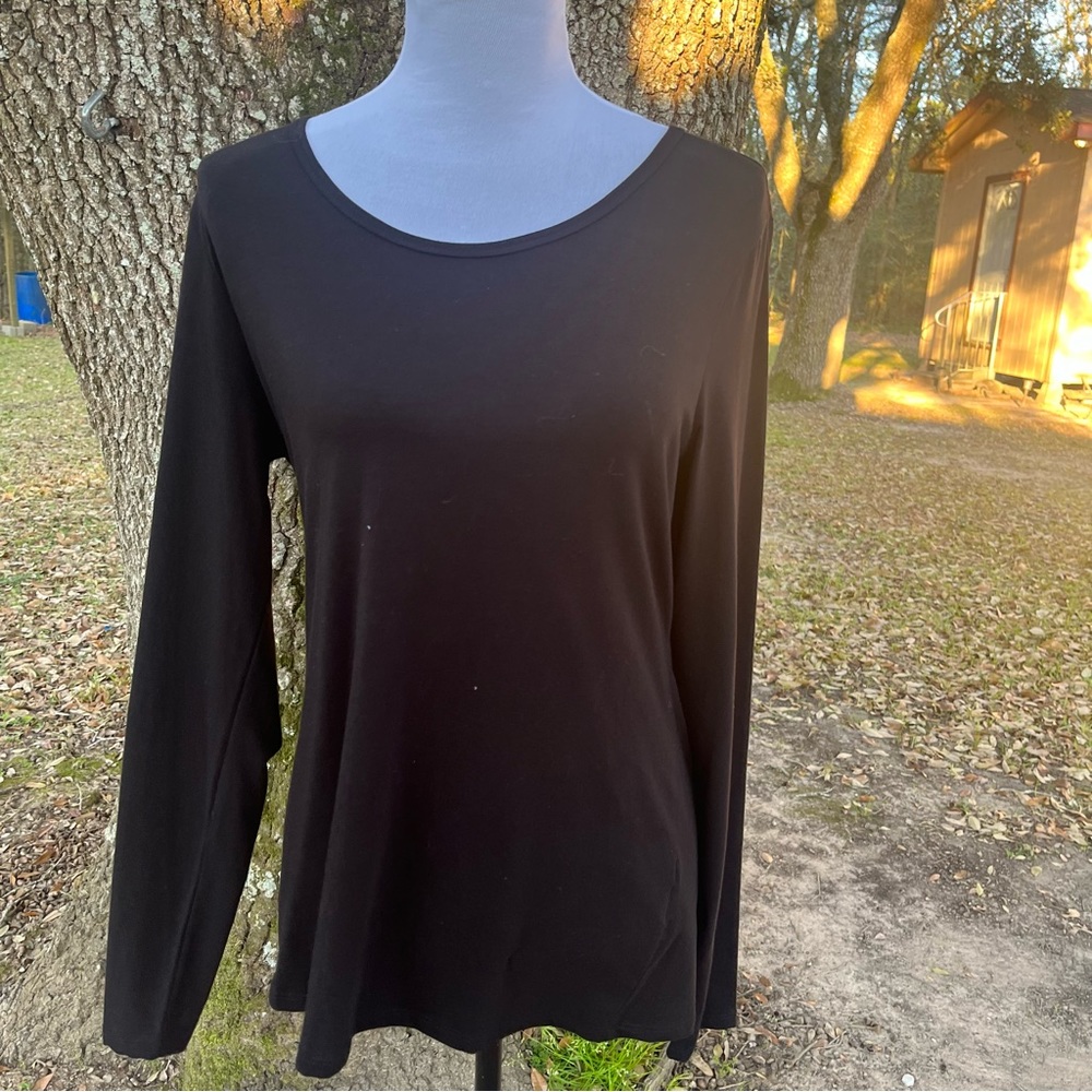 PERUVIAN COLLECTION COTTON STRETCH LONG SLEEVE TOP BLACK